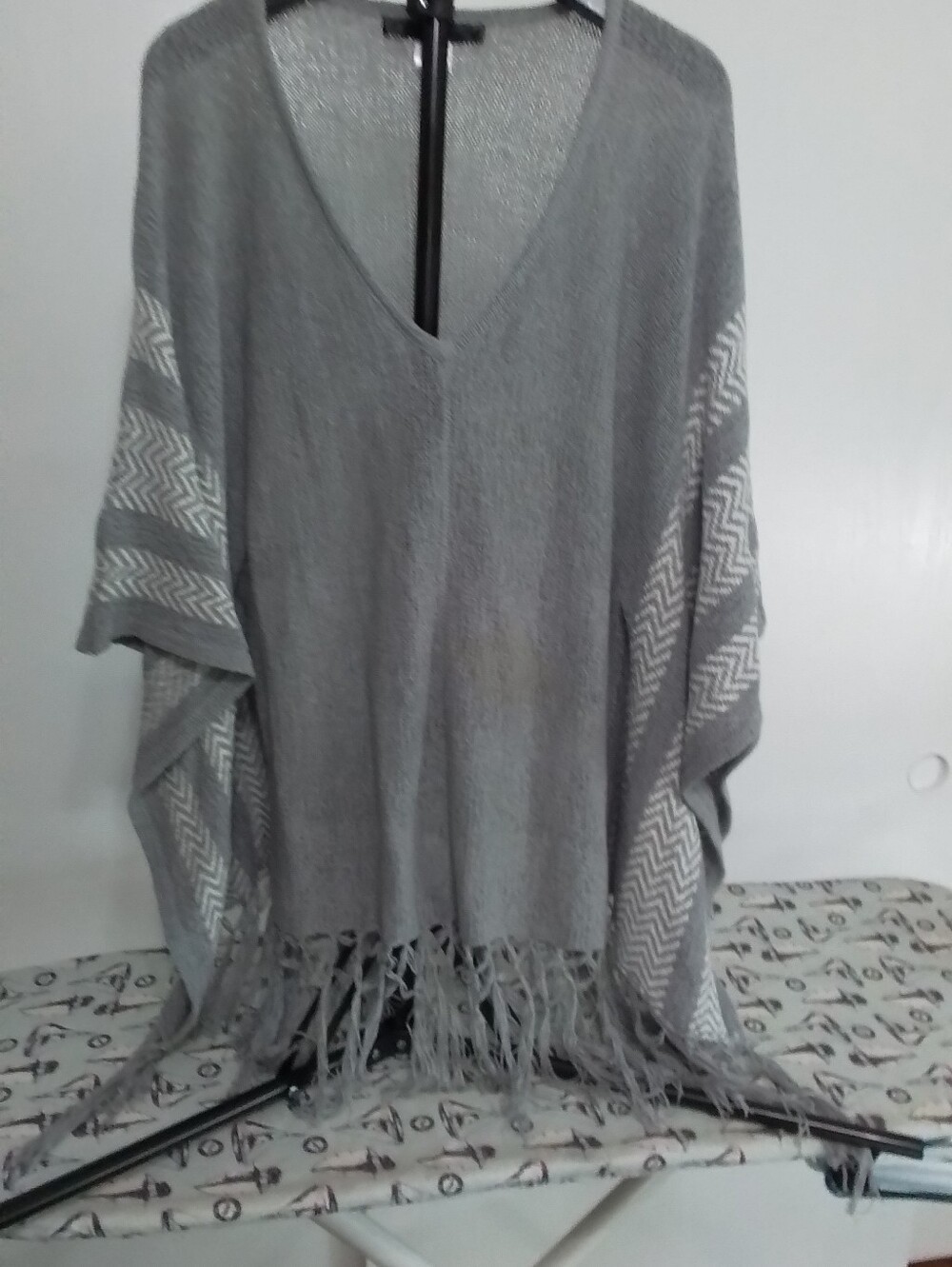 Love Stitch Gray Fringe V-Neck Women's Sweater Poncho